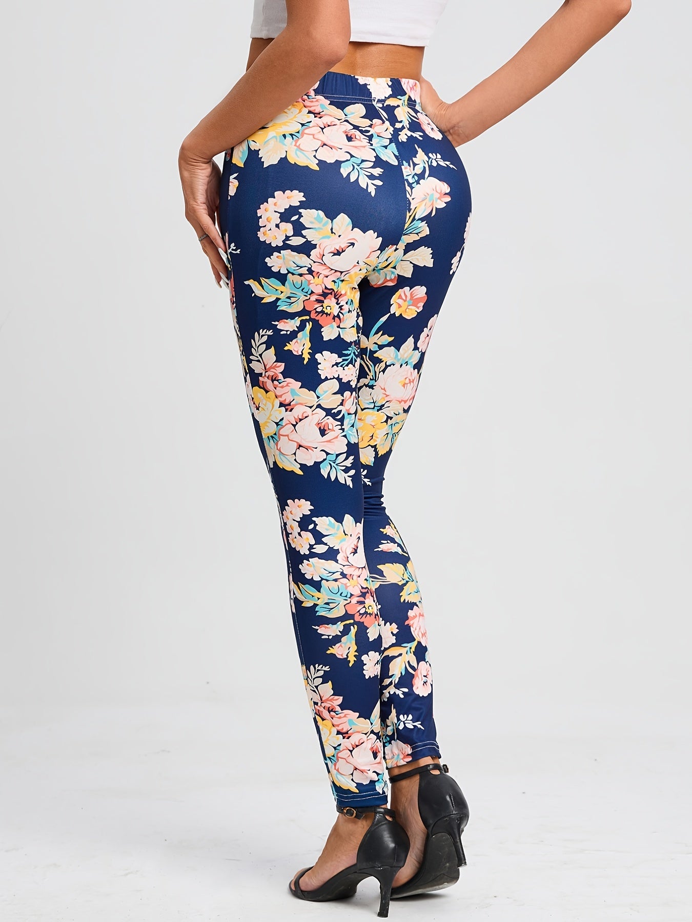 Vintage Floral Print Leggings High Waist Slim Long Length Leggings