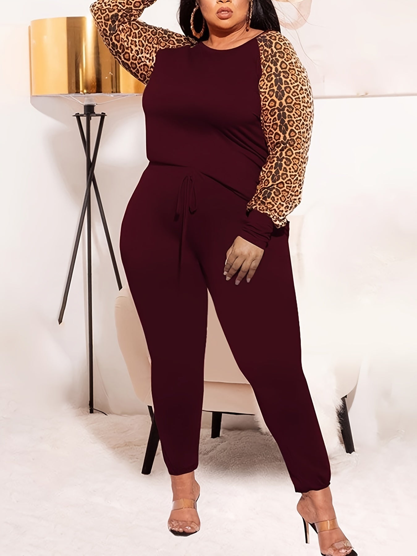Leopard Print Pullover & Drawstring Pants Set Plus Size Long Sleeve Outfits