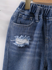 Boys Casual Ripped Patched Denim Long Pants With Pocket Kids Clothing