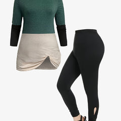 Colorblock Top & Leggings Set Round Neck Casual Outfit