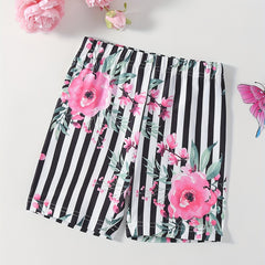 Girls' Striped Flower Print Thin Casual Shorts