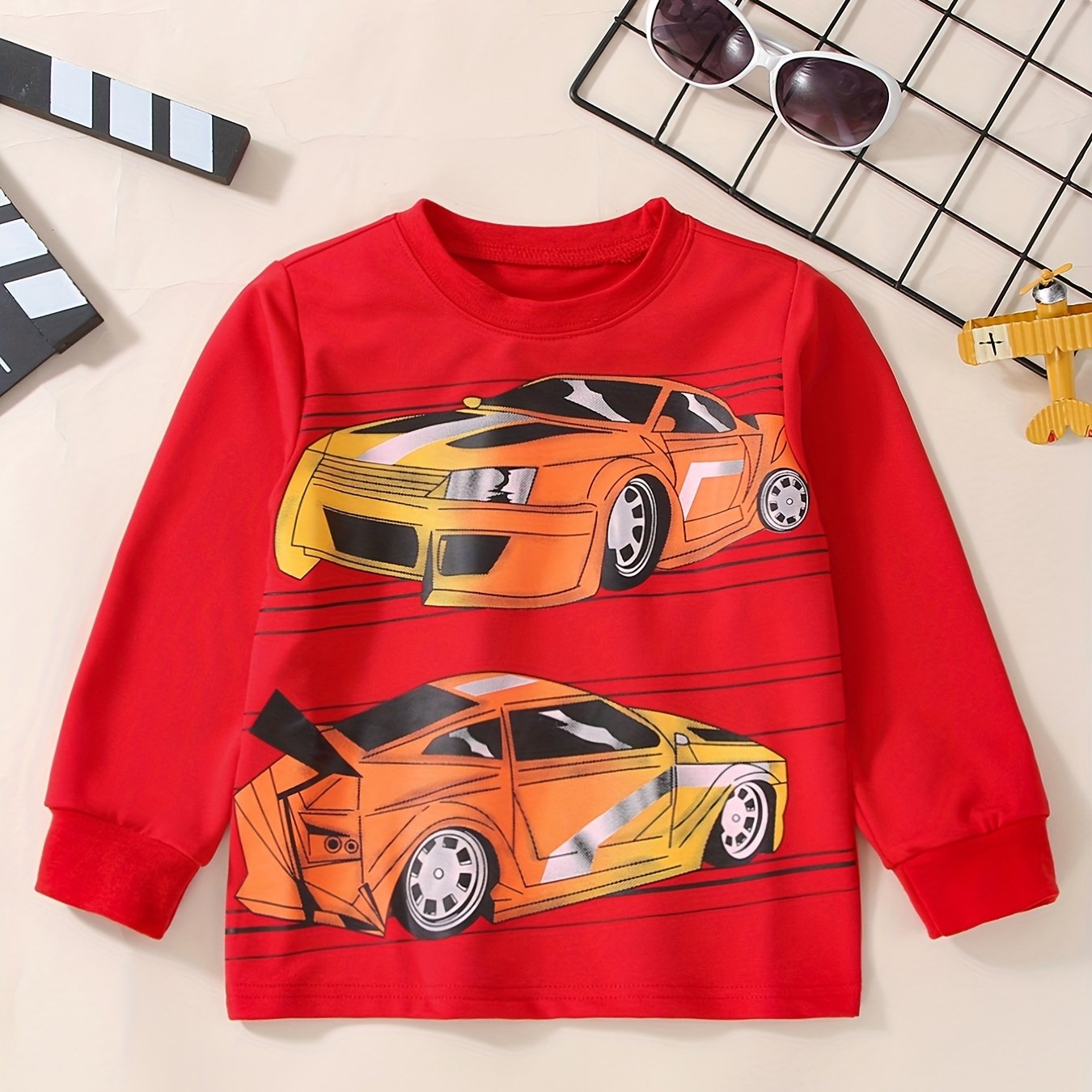 Boys Racing Car Print Sweatshirt Long Sleeve Crew Neck Tops