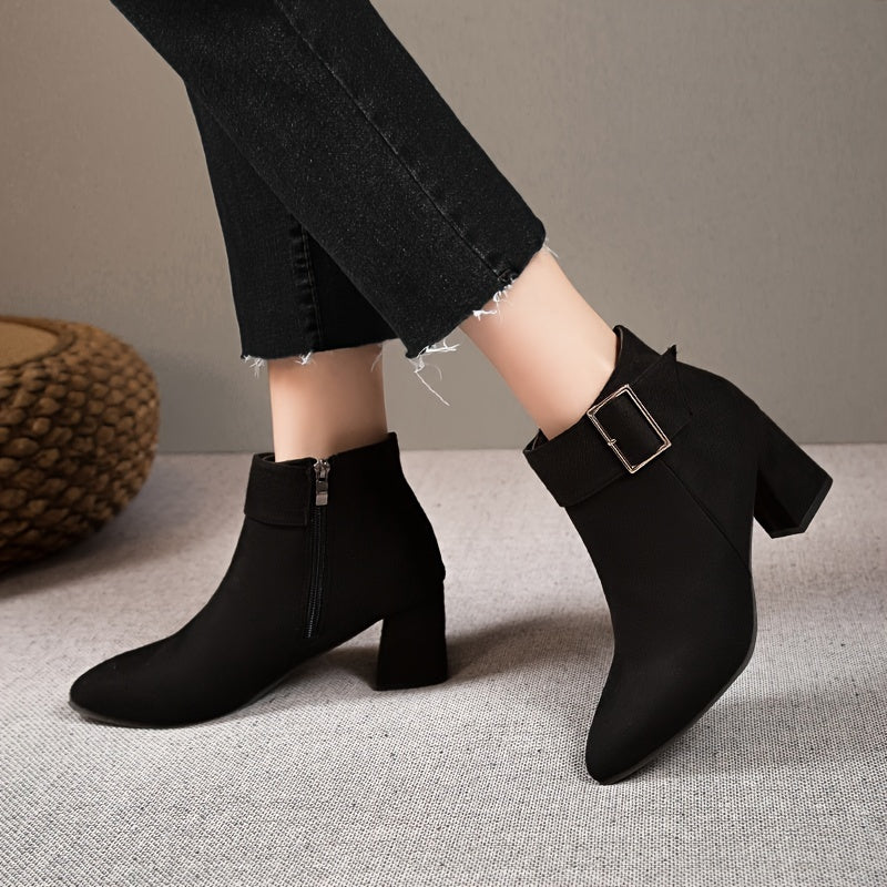 Women's Chunky Heel Ankle Boots with Buckle Decor Side Zip