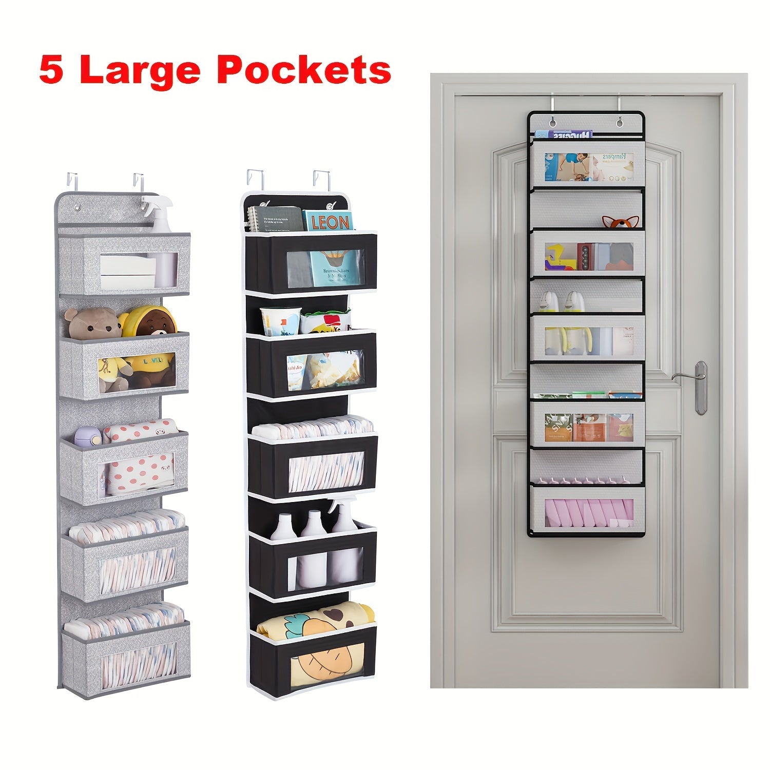 5 Tier Door Hanging Organizer with Clear Window & Steel Hook Hanger