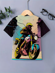 Motorcycle Rider Graffiti Print Tee Boys Short Sleeve T-shirt