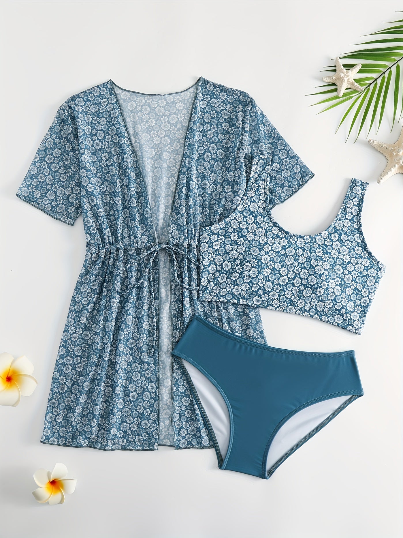 Girls' Tropical Print Bikini Set with Sunscreen Cardigan Shirt