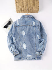Ripped Holes Denim Jacket Long Sleeves Flap Pockets Lapel Women's Denim Coats