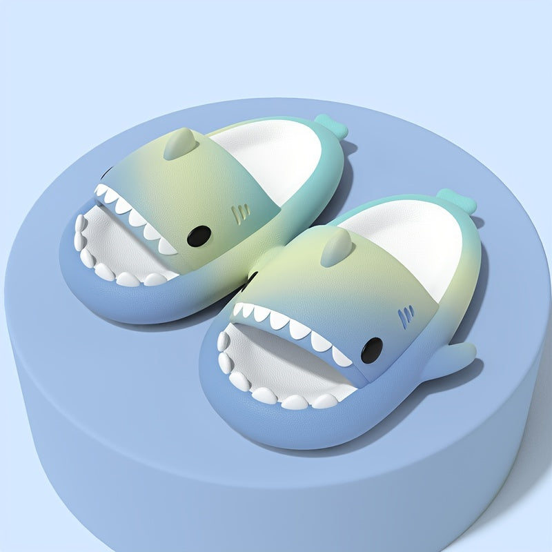 Ombre Cartoon Shark House Slippers Women's Open Toe Platform Home Slides