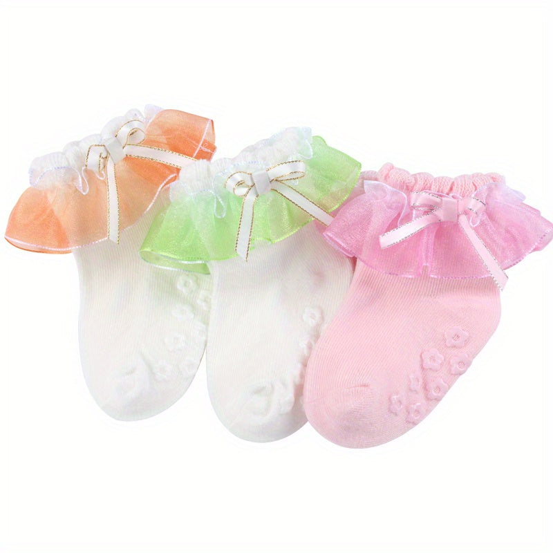 3 Pairs Baby Girls Lace Ruffled Socks with Bow Non-slip Cotton Socks