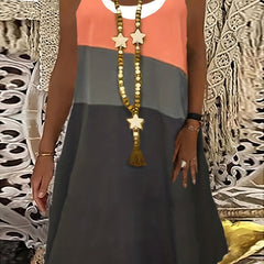 Casual Tank Dress Women's Plus Colorblock Round Neck Medium Stretch
