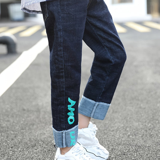 Boys Cuffed Jeans Casual Letter Graphic Slim Fit Pants
