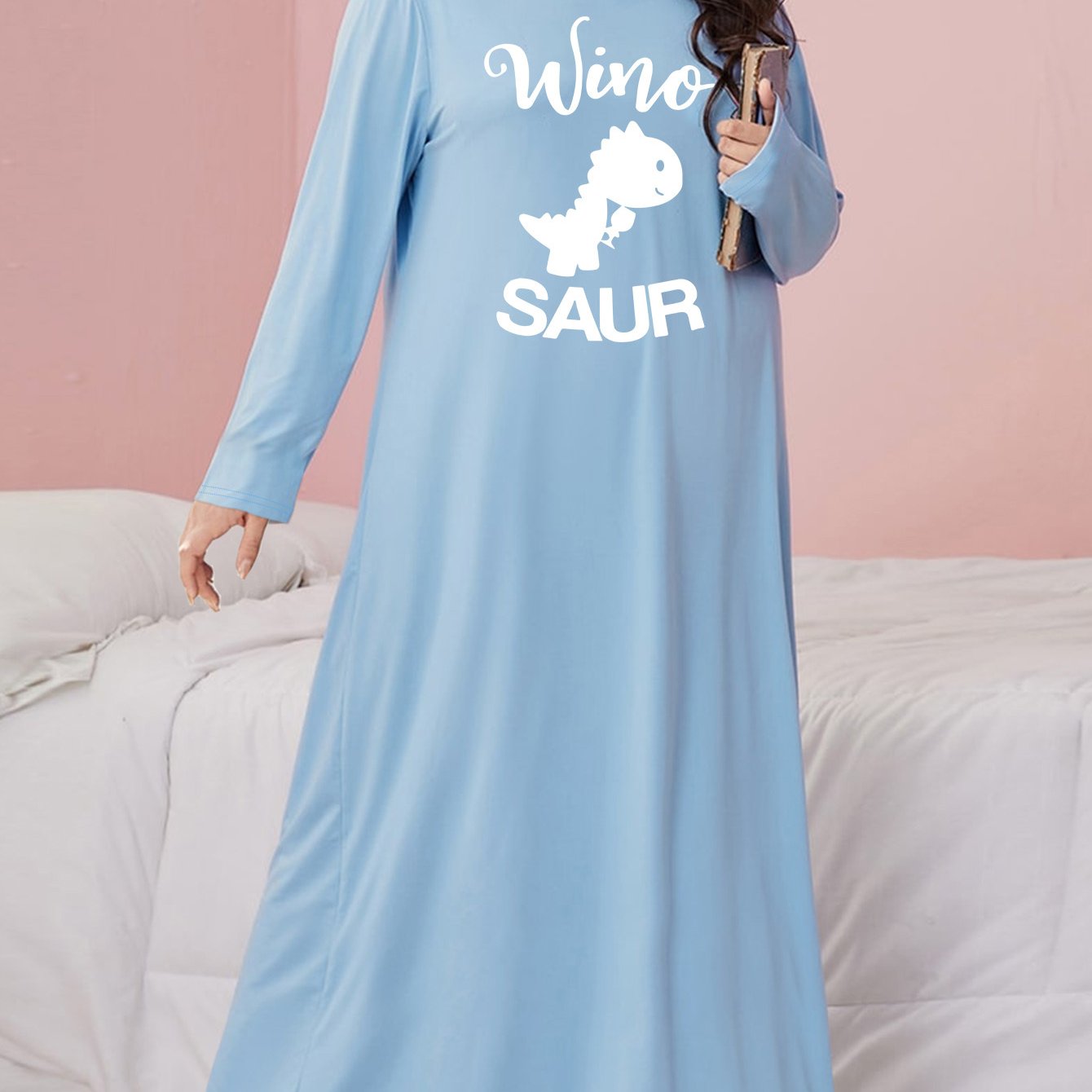 Dinosaur & Letter Print Long Sleeve Round Neck Sleep Dress
