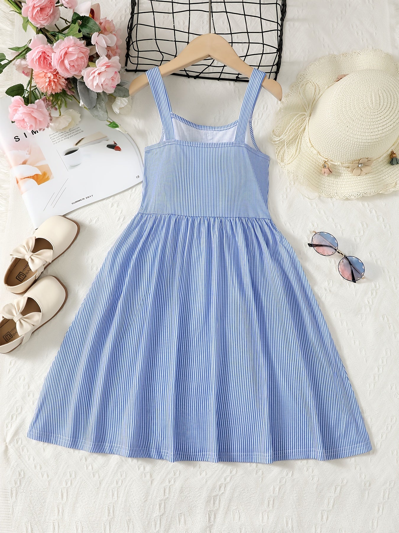 Girls Striped Button Front Summer Cami Dress with Pockets