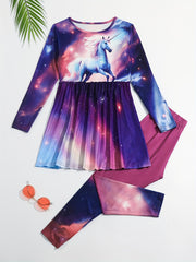 2pcs Unicorn Print Outfits Crew Neck Long Sleeve Top Pants Set