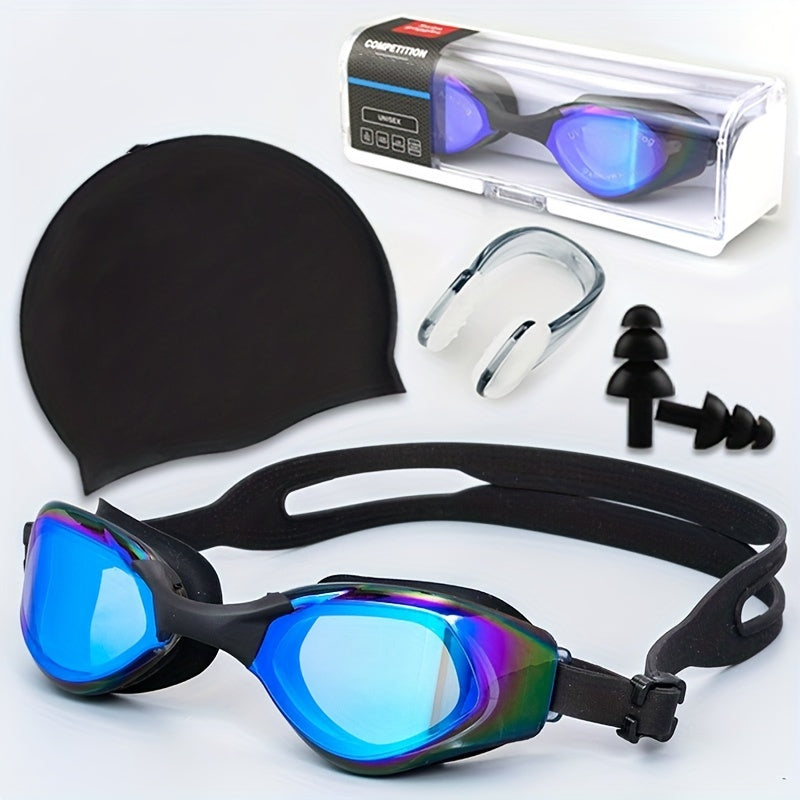 Diving Goggles Set with Earplugs, Nose Clip, Swimming Cap