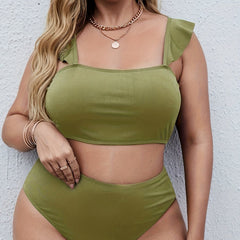 Vacay Bikini Set Women's Plus Solid Square Neck Ruffle Trim Bra & High
