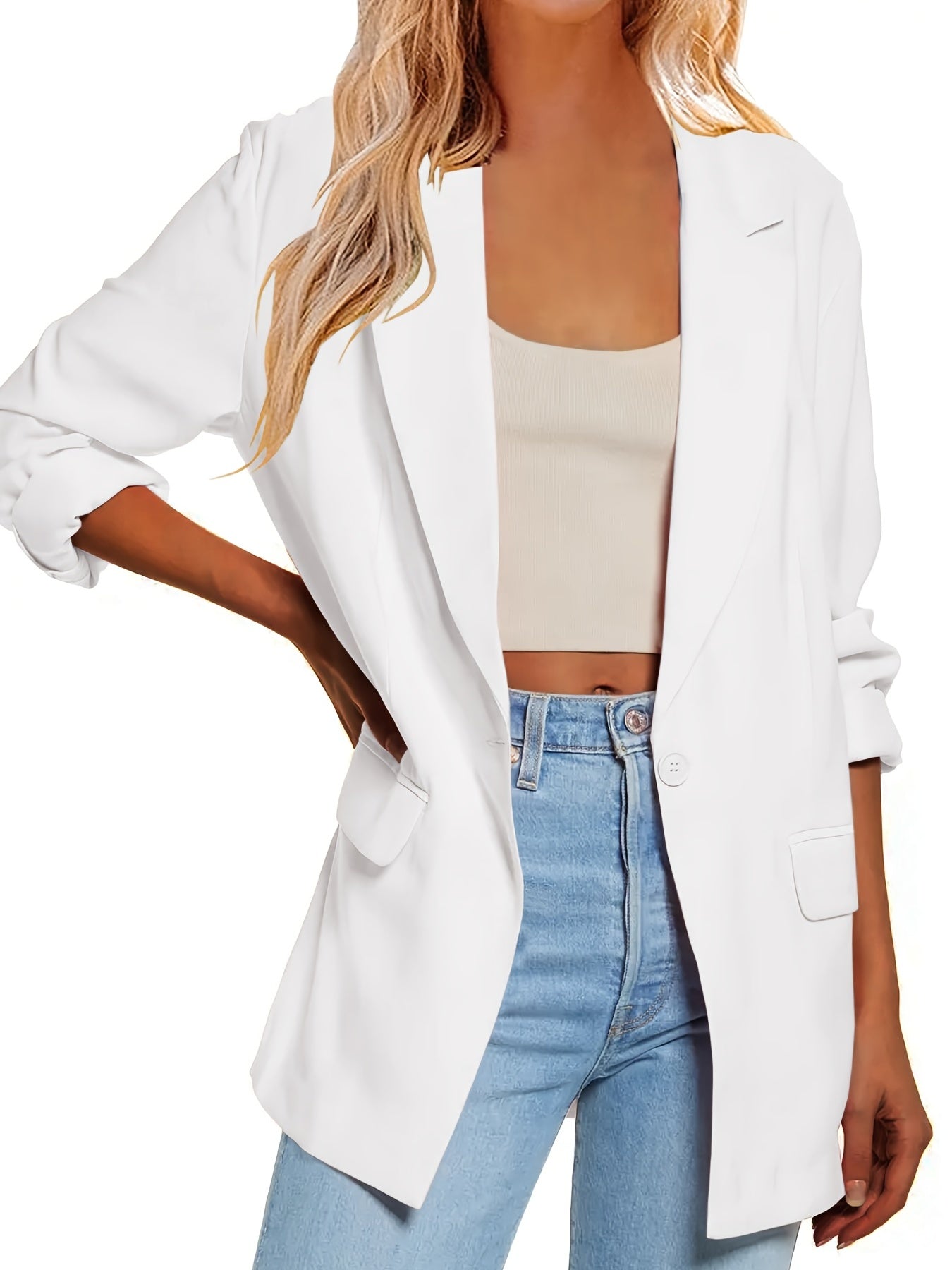 Solid Lapel Pockets Blazer Jacket Button Front Office Work Outerwear