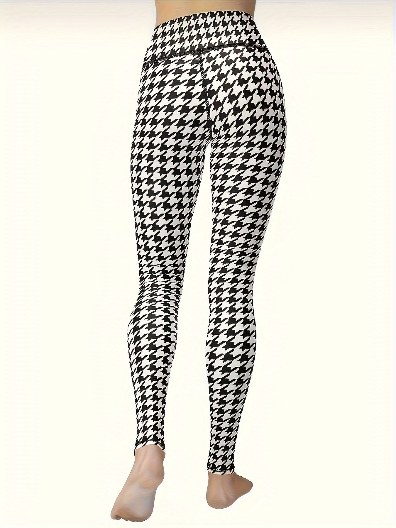High Waist Houndstooth Print Yoga Pants Tummy Control