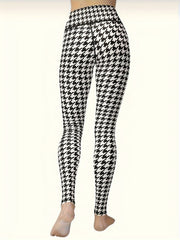 High Waist Houndstooth Print Yoga Pants Tummy Control