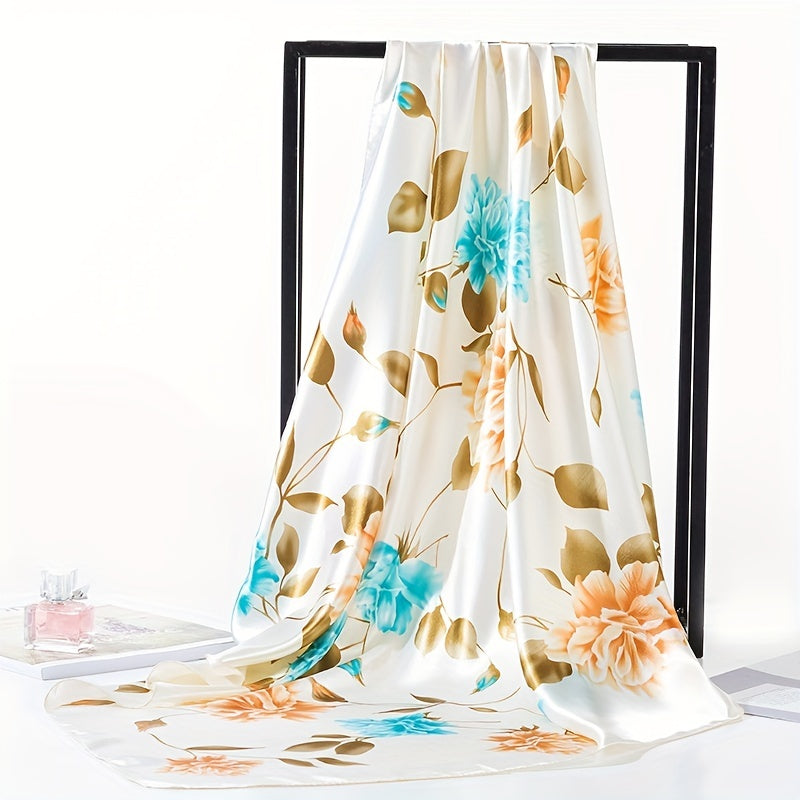 Rose Print Bandana Satin Shawl Silk Square Scarf Women Head Wrap Turban
