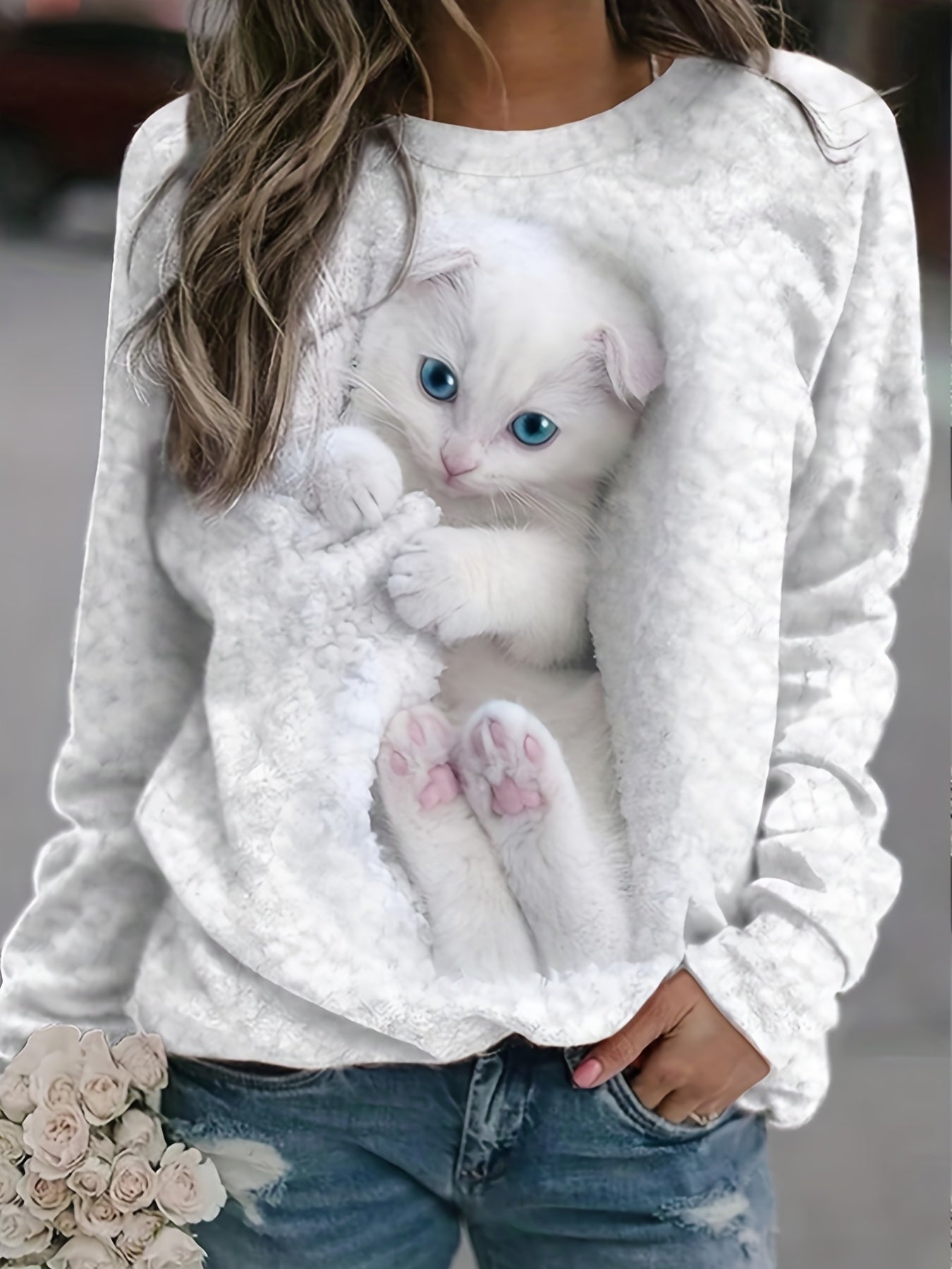 Cat Print Crew Neck Sweatshirt for Women