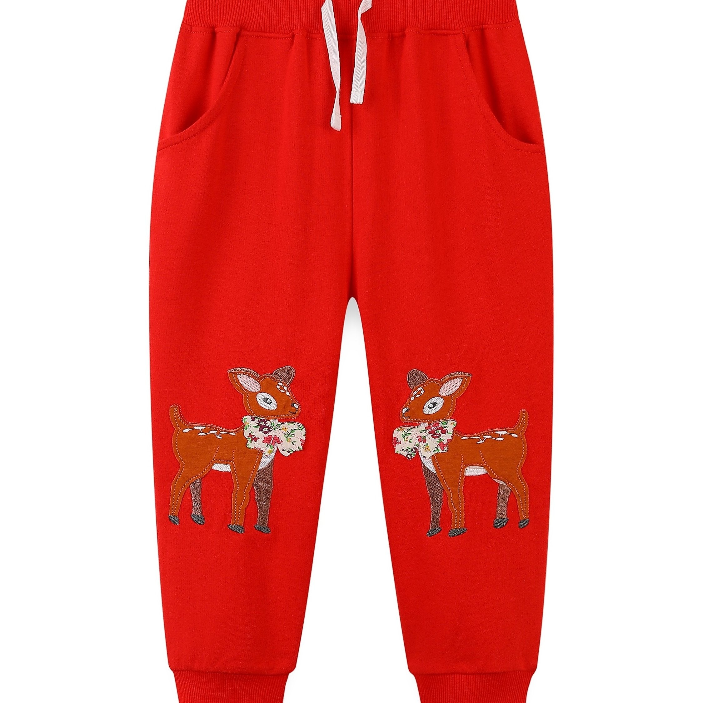 Girls' Animal Embroidered Joggers Pants Drawstring Pockets