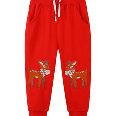 Girls' Animal Embroidered Joggers Pants Drawstring Pockets