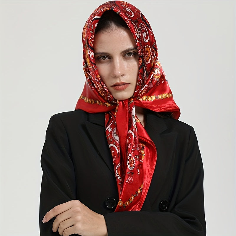 Flower Printed Square Scarf Silk Feeling Satin Scarf Bandana