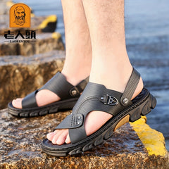 LAORENTOU Men's Leather Sandals Casual Outdoor Anti-skid Sandals