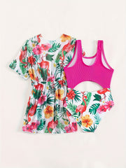 Girl's Tropical Plant Print Swimsuit & Cover Up Tankini Bathing Suit