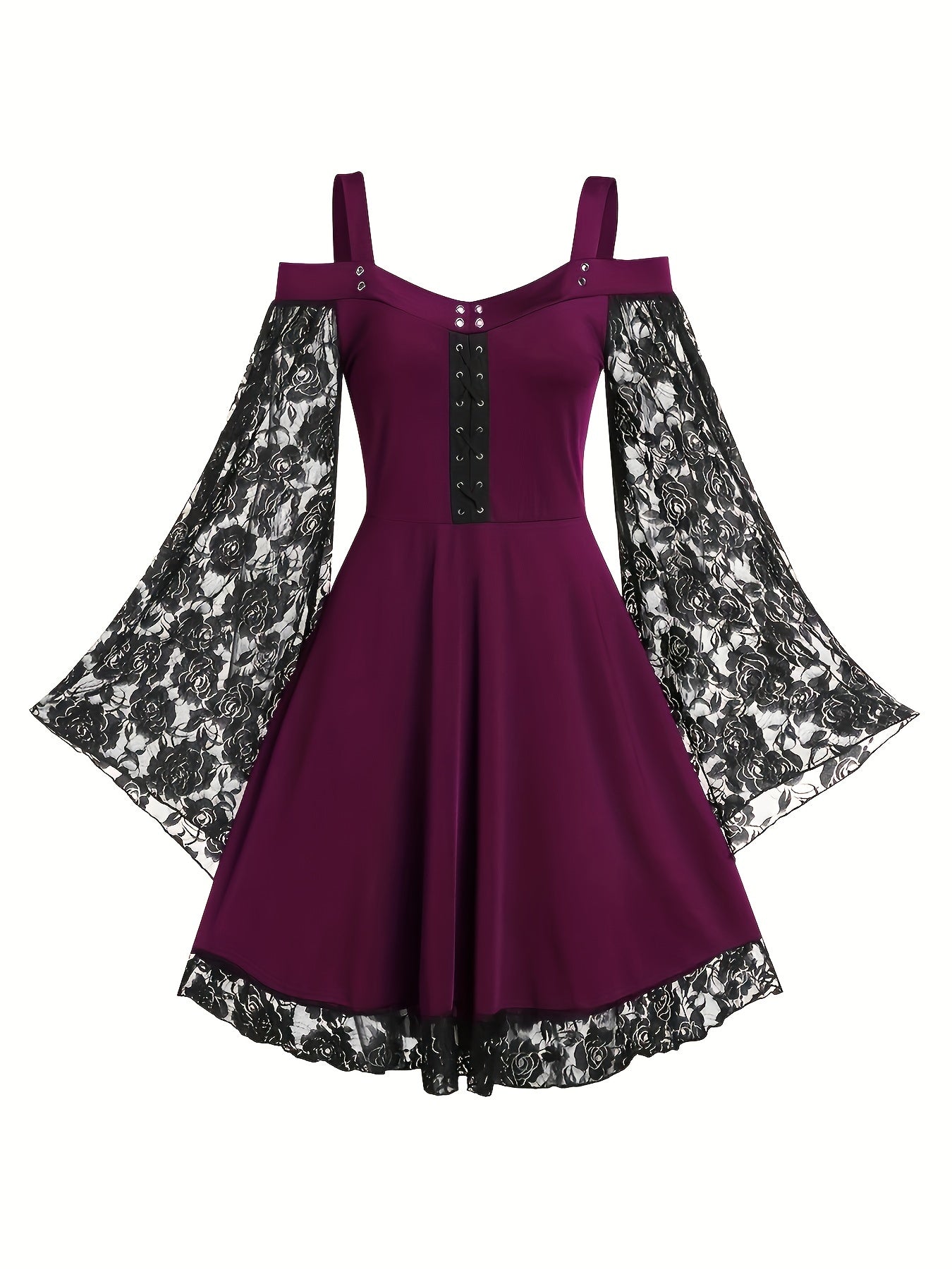 Gothic Dress Contrast Lace Grommet Lace Up Cold Shoulder