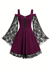 Gothic Dress Contrast Lace Grommet Lace Up Cold Shoulder