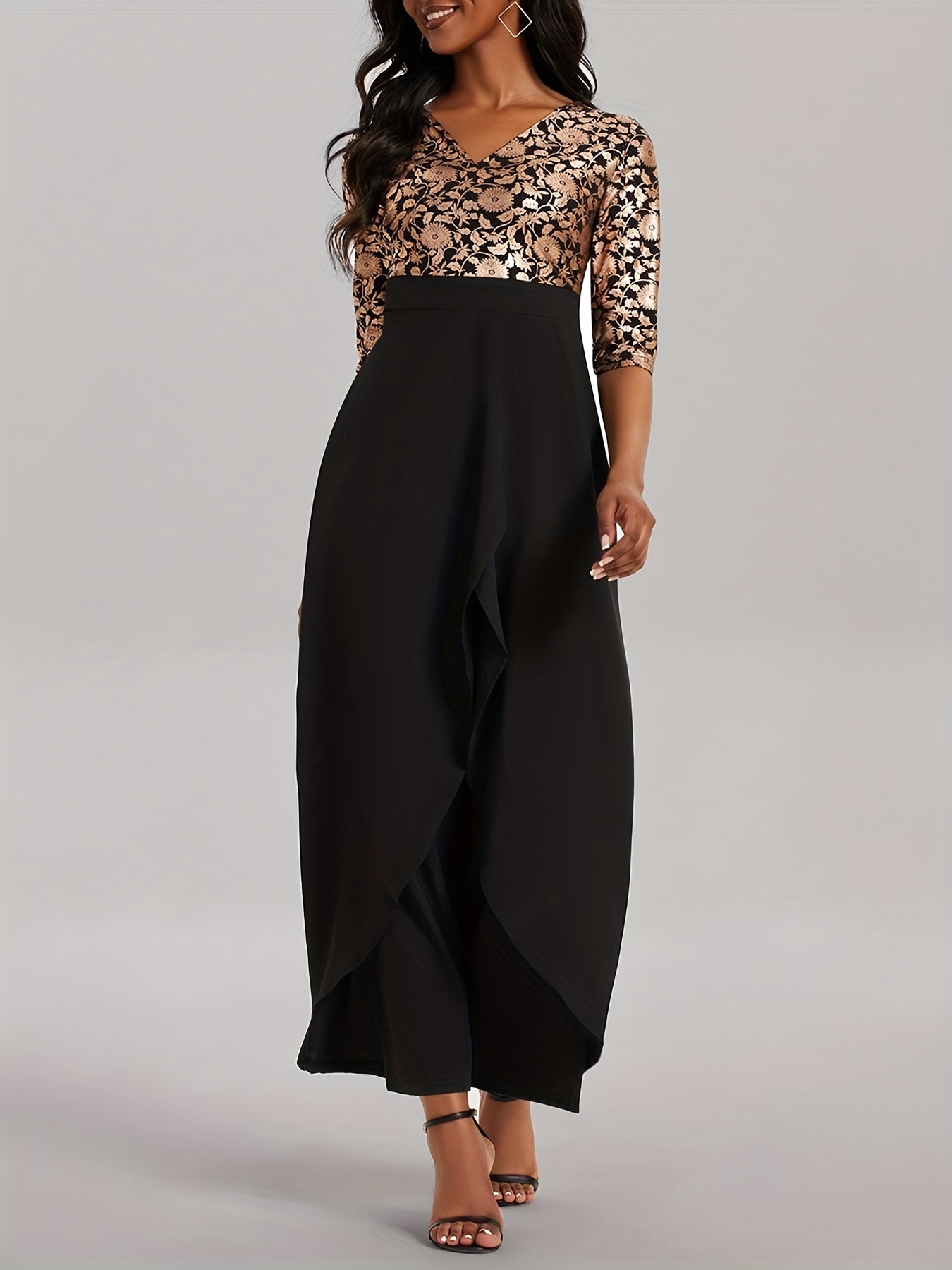 Floral Print Splicing Jumpsuit Casual 3 4 Sleeve Split Wide Leg Jumpsuit