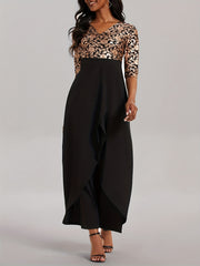 Floral Print Splicing Jumpsuit Casual 3 4 Sleeve Split Wide Leg Jumpsuit