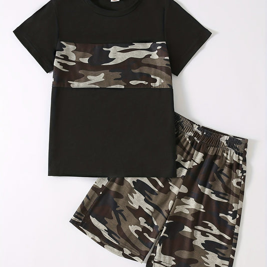Boy's Camo Casual Outfit Round Neck T shirt & Shorts