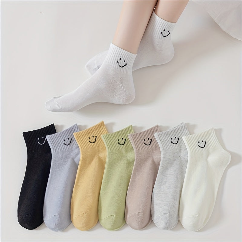 8 Pairs Smiling Face Print Crew Socks Women's Stockings