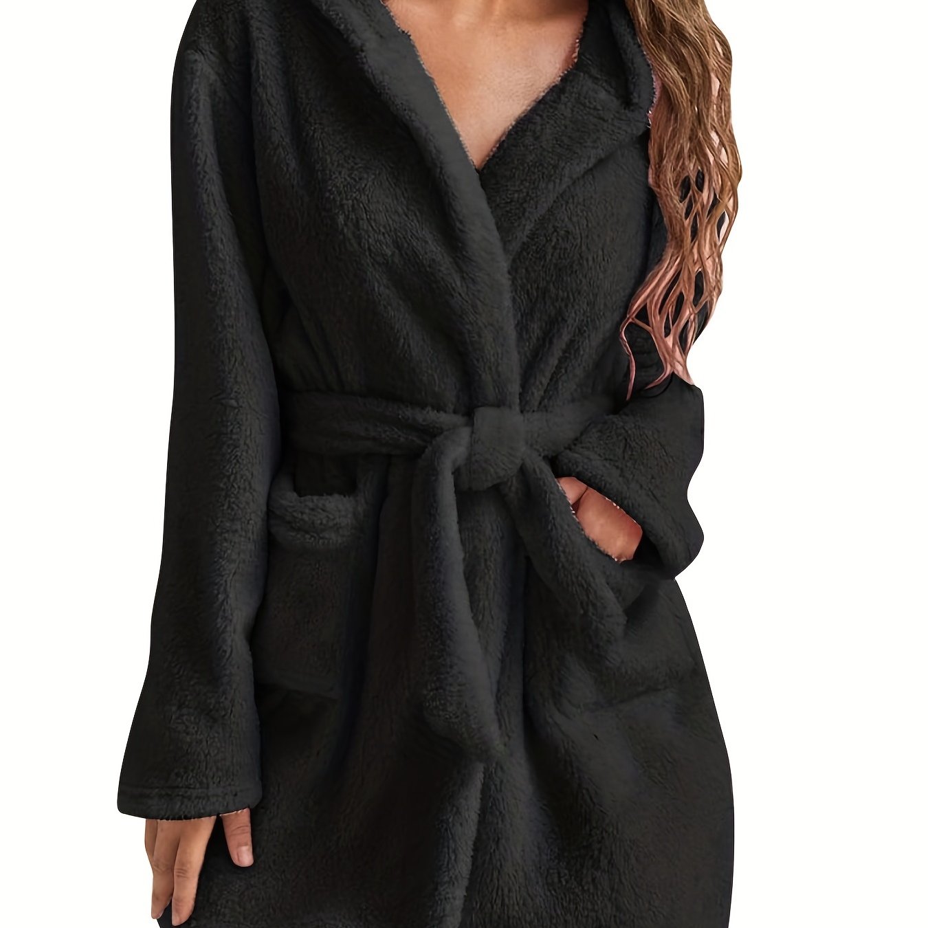 Long Sleeve Hooded Fleece Bathrobe With Pockets