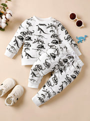 2pcs Toddler Boys Dino Print Crew Neck Sweatshirt & Pants Set