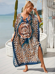 Leopard & Floral Print V Neck Maxi Cover Up Dress