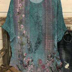 Floral Print Short Sleeve Round Neck Plus Size Casual Blouse