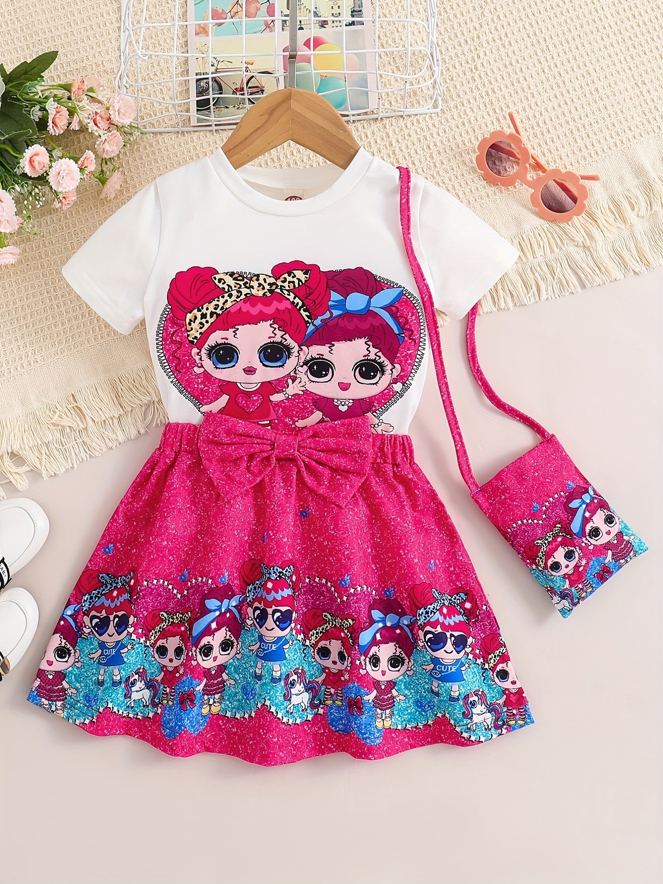 Girl Pattern Outfit 3pcs T-shirt & Bag & Skirt Set for Spring Autumn