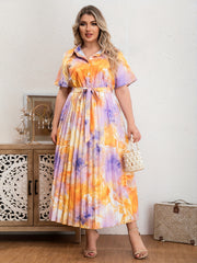Floral Print Button Up Short Sleeve Shirt Dress With Belt
