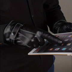 Men's Winter Leather Plus Velvet Touch Screen Gloves Waterproof Windproof
