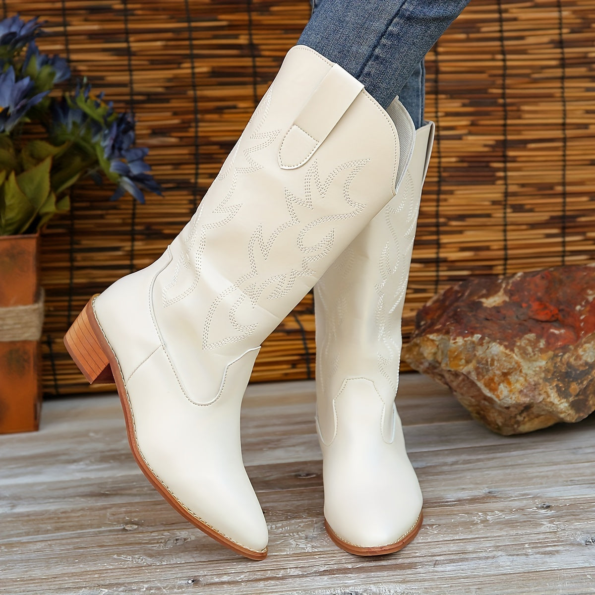 Women's Block Heel Mid Calf Boots Retro Embroidery Pointed Toe Cowgirl Boots