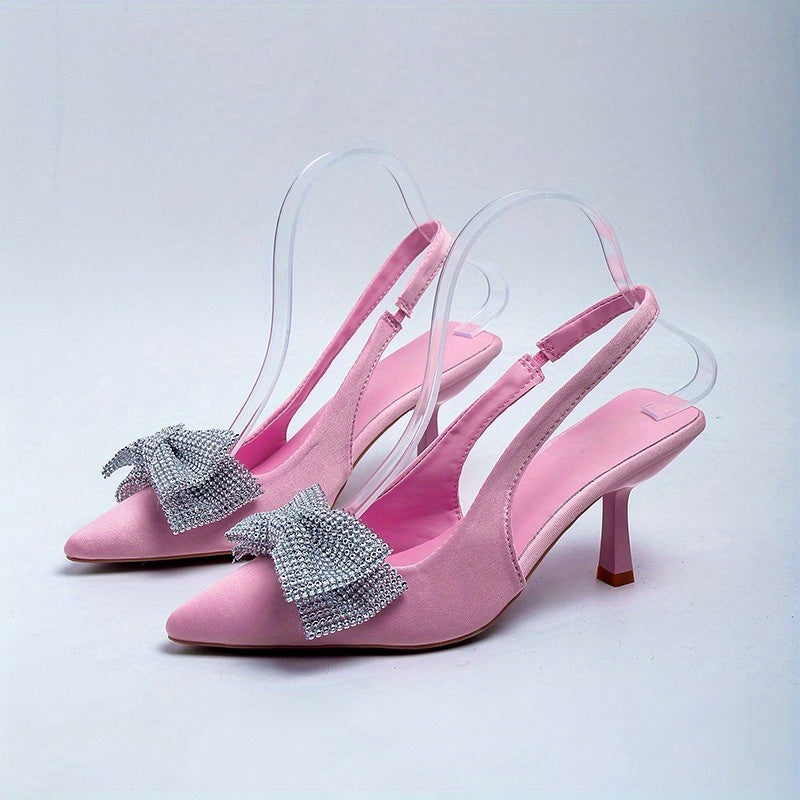 Rhinestone Bow High Heel Sandals Pointed Toe Slingback Stiletto Dress Pumps