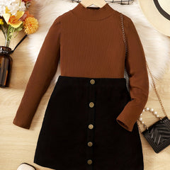 Girl's Ribbed Top & Corduroy Skirt Set Casual Outfits for Kids