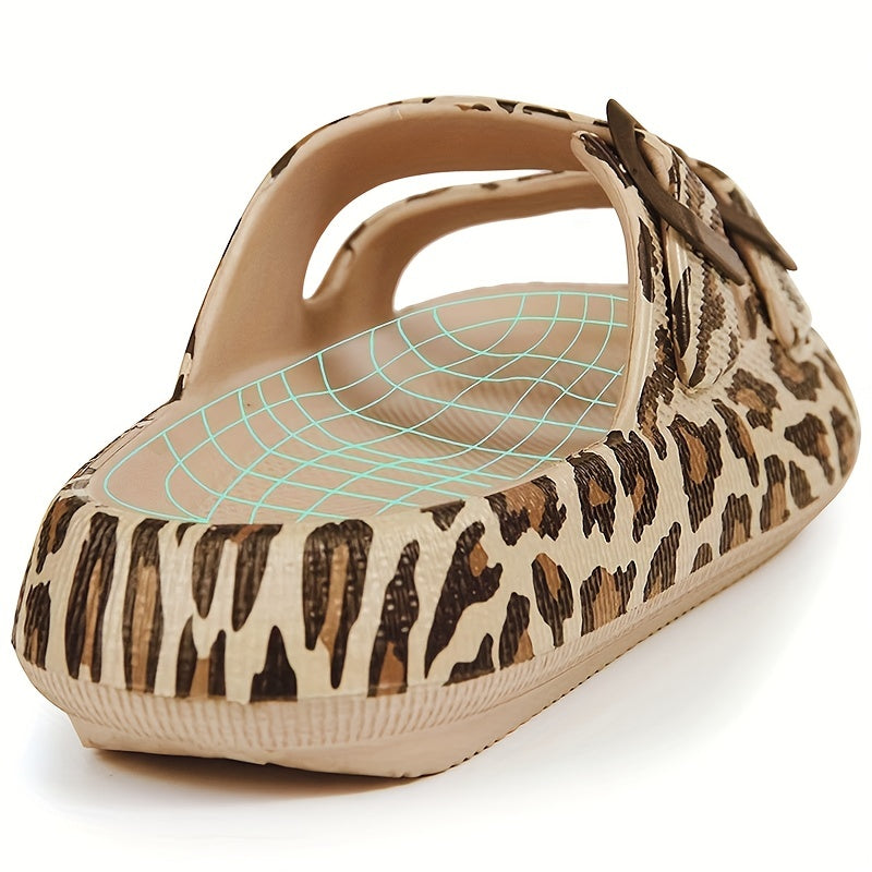 Leopard Print Slides Soft Sole Double Buckle Strap Bathroom Shoes
