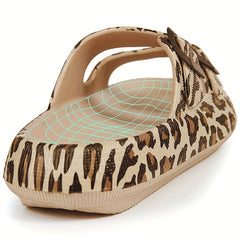 Leopard Print Slides Soft Sole Double Buckle Strap Bathroom Shoes