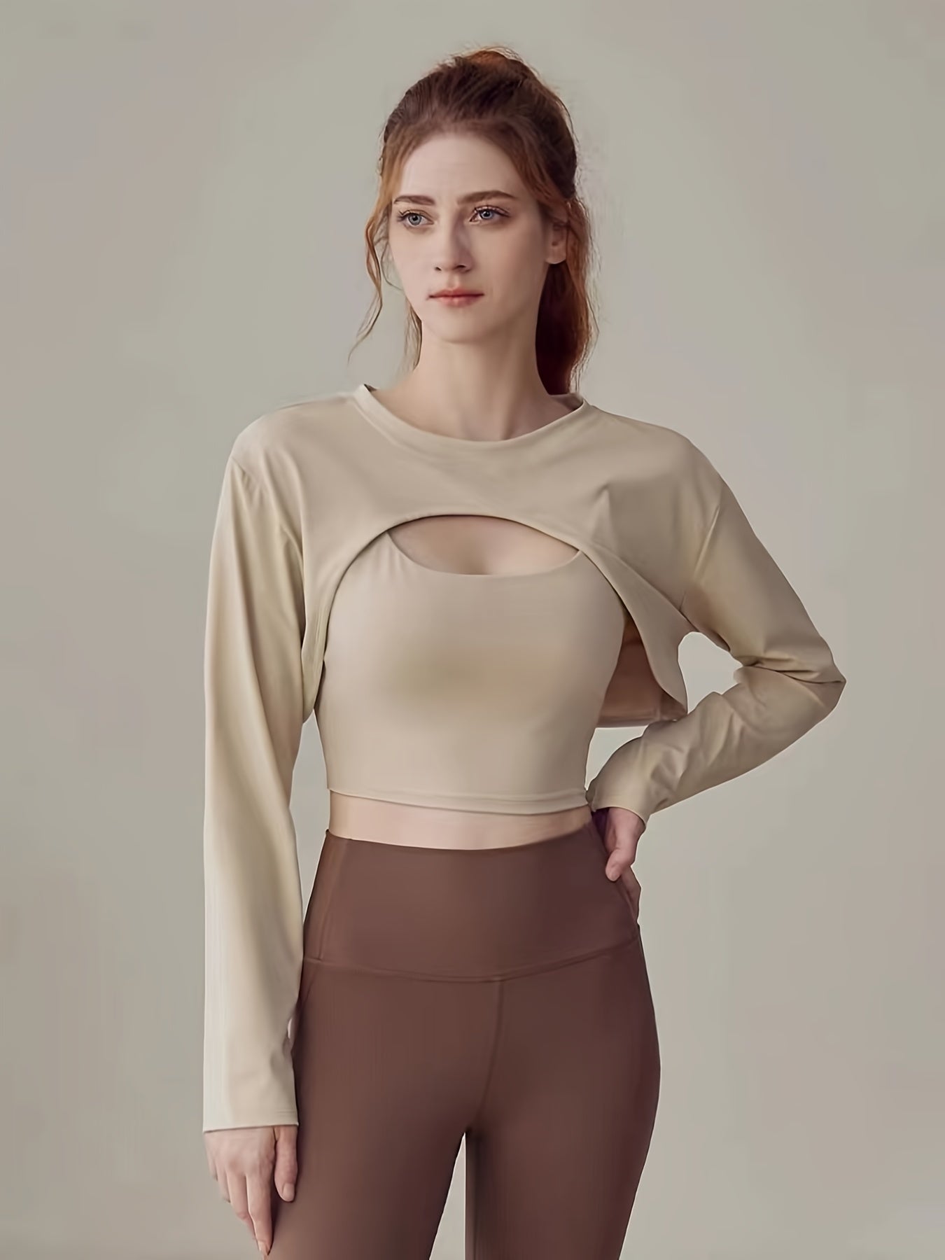2pcs Crew Neck Long Sleeve Cover Up Shrug & Crop Tank Top