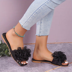Women's Flower Slide Sandals Square Open Toe Flat Slides